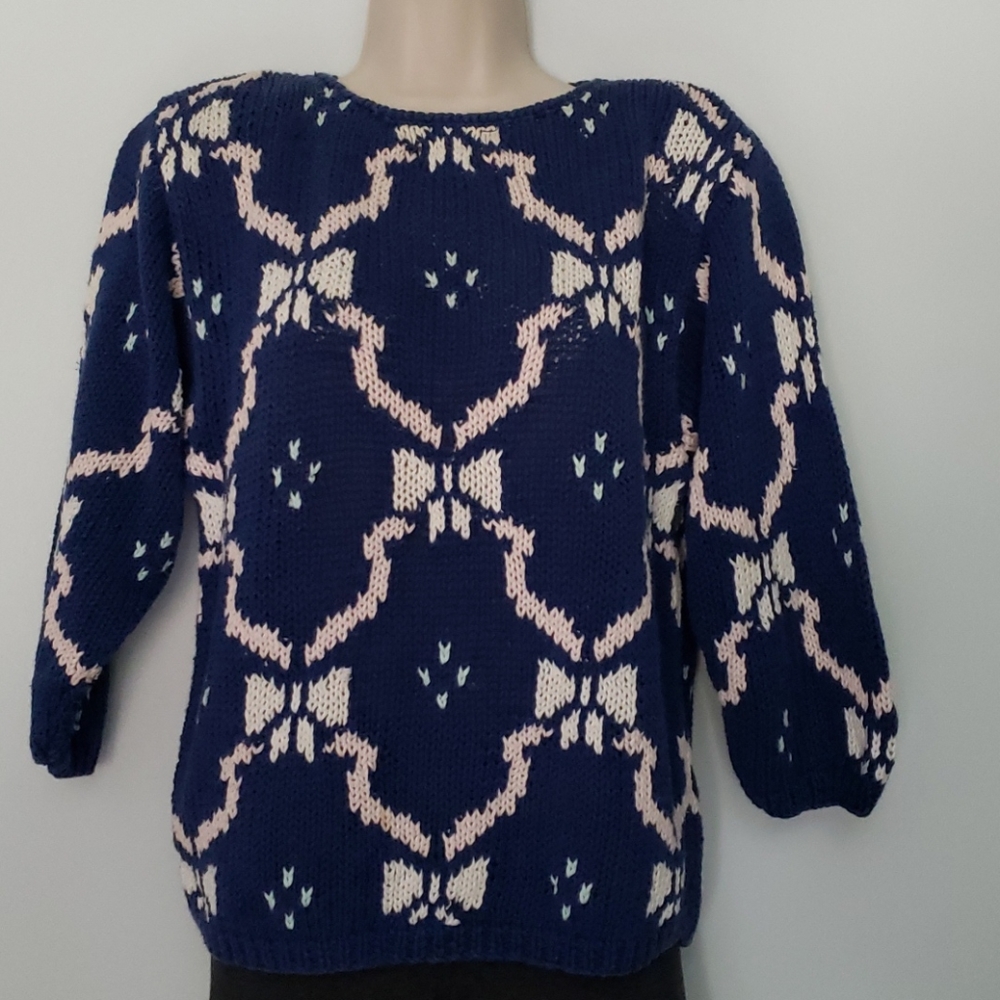 Brooks Brothers Knit Sweater Vintage Size L Blue Ramie Cotton Ribbons & Bows